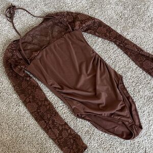Brown Lace Long Sleeve Bodysuit